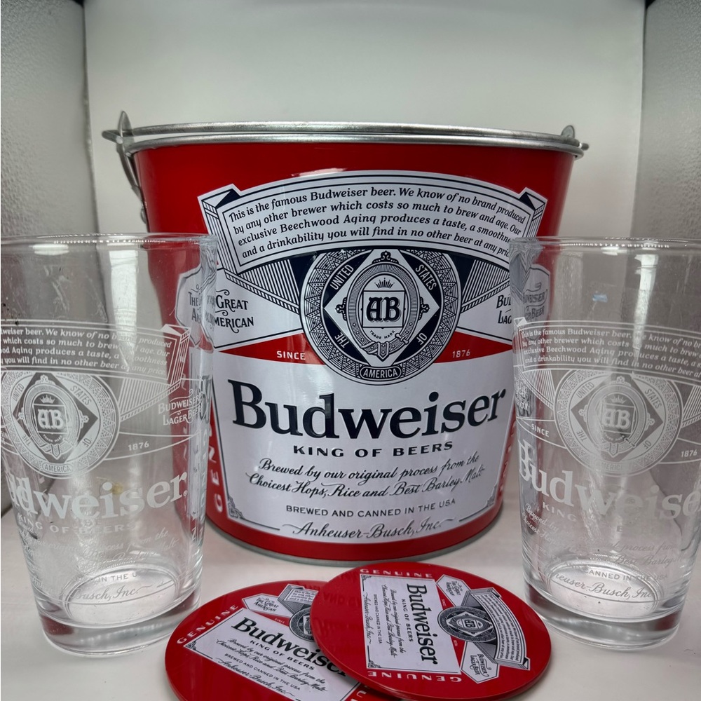 Budweiser Red Beer Bucket with Glasses and Coasters